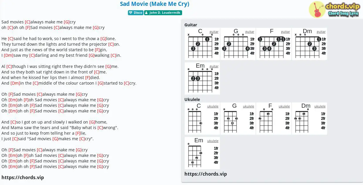 svært gen musiker Chord: Sad Movie (Make Me Cry) - John D. Loudermilk - tab, song lyric,  sheet, guitar, ukulele | chords.vip