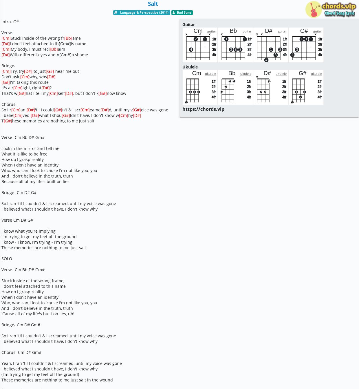 Chord Salt Bad Suns Tab Song Lyric Sheet Guitar Ukulele