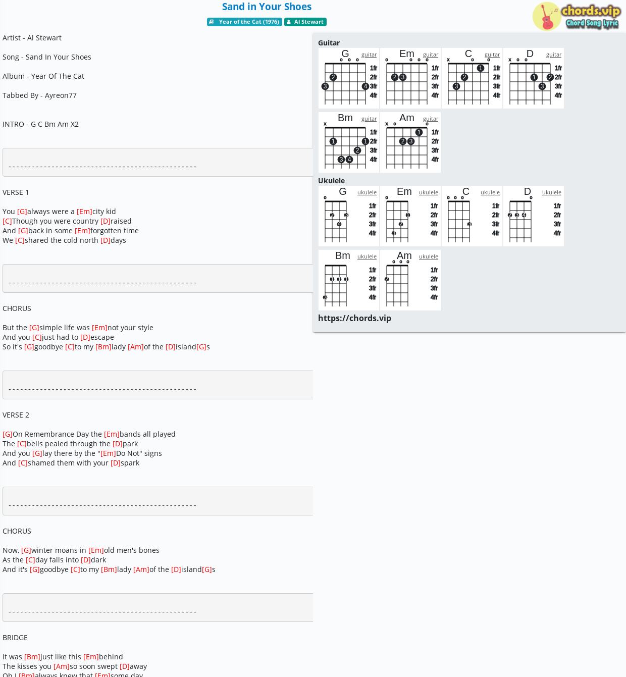 Chord: Sand in Your Shoes - Al Stewart - tab, song lyric, sheet, guitar,  ukulele 