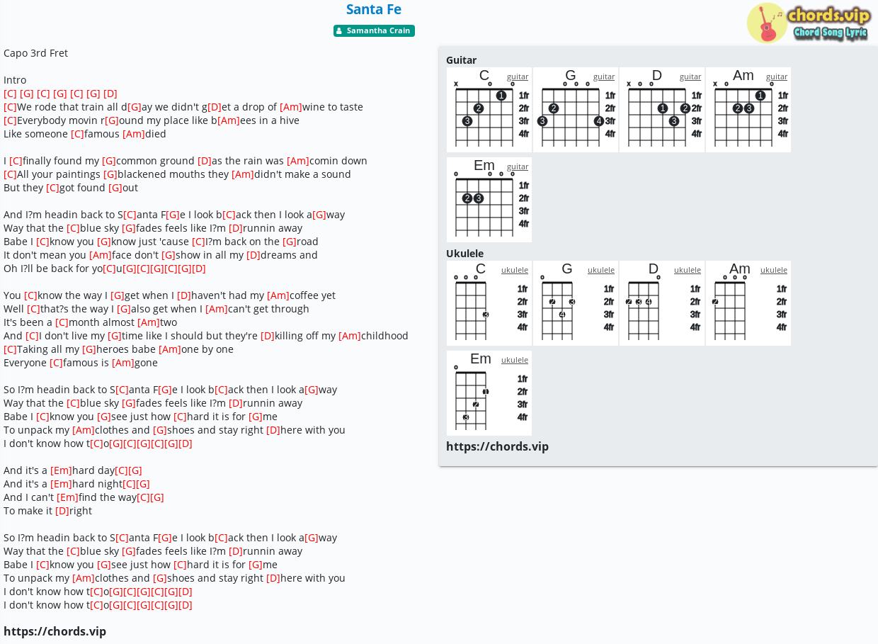 Chord Santa Fe tab, song lyric, sheet, guitar, ukulele chords.vip