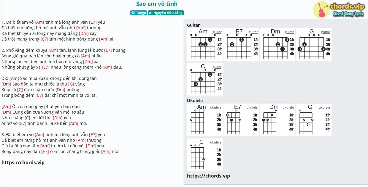 Hợp âm: Sao em vô tình - Nguyễn Hữu Sáng - cảm âm, tab guitar, ukulele - lời bài hát | chords.vip