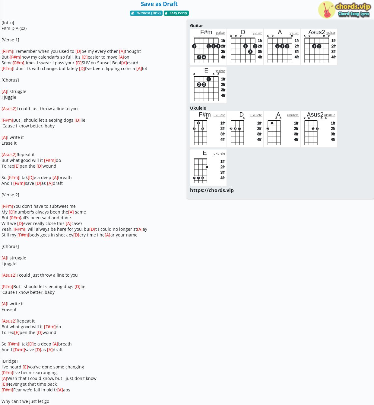 Chord: Save as Draft - Katy Perry - tab, song lyric, sheet, guitar