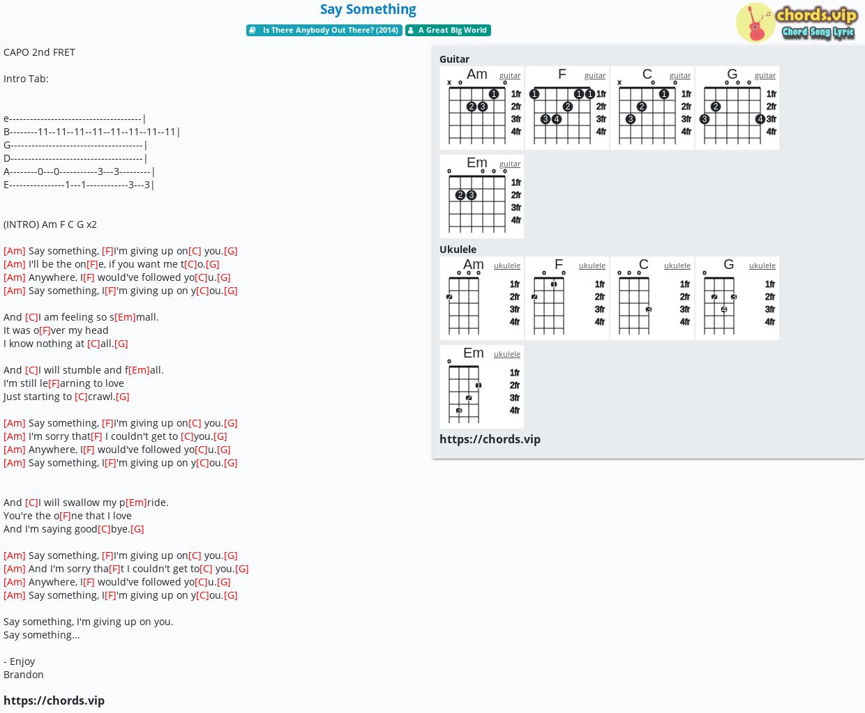 Chord: Say Something - A Great Big World - tab, song lyric, sheet, guitar, ukulele | chords.vip