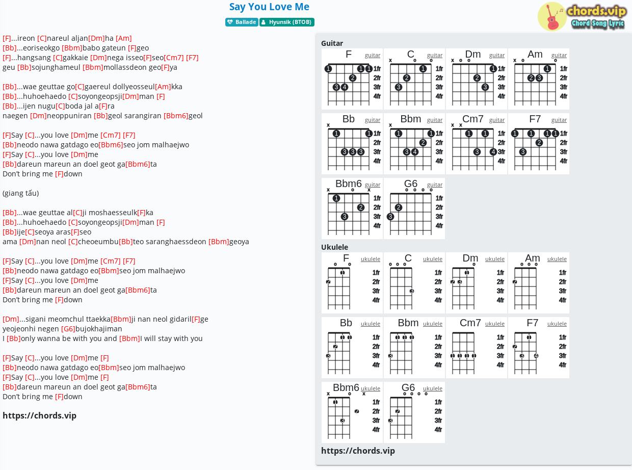 Chord Say You Love Me Hyunsik Btob Tab Song Lyric Sheet Guitar Ukulele Chords Vip