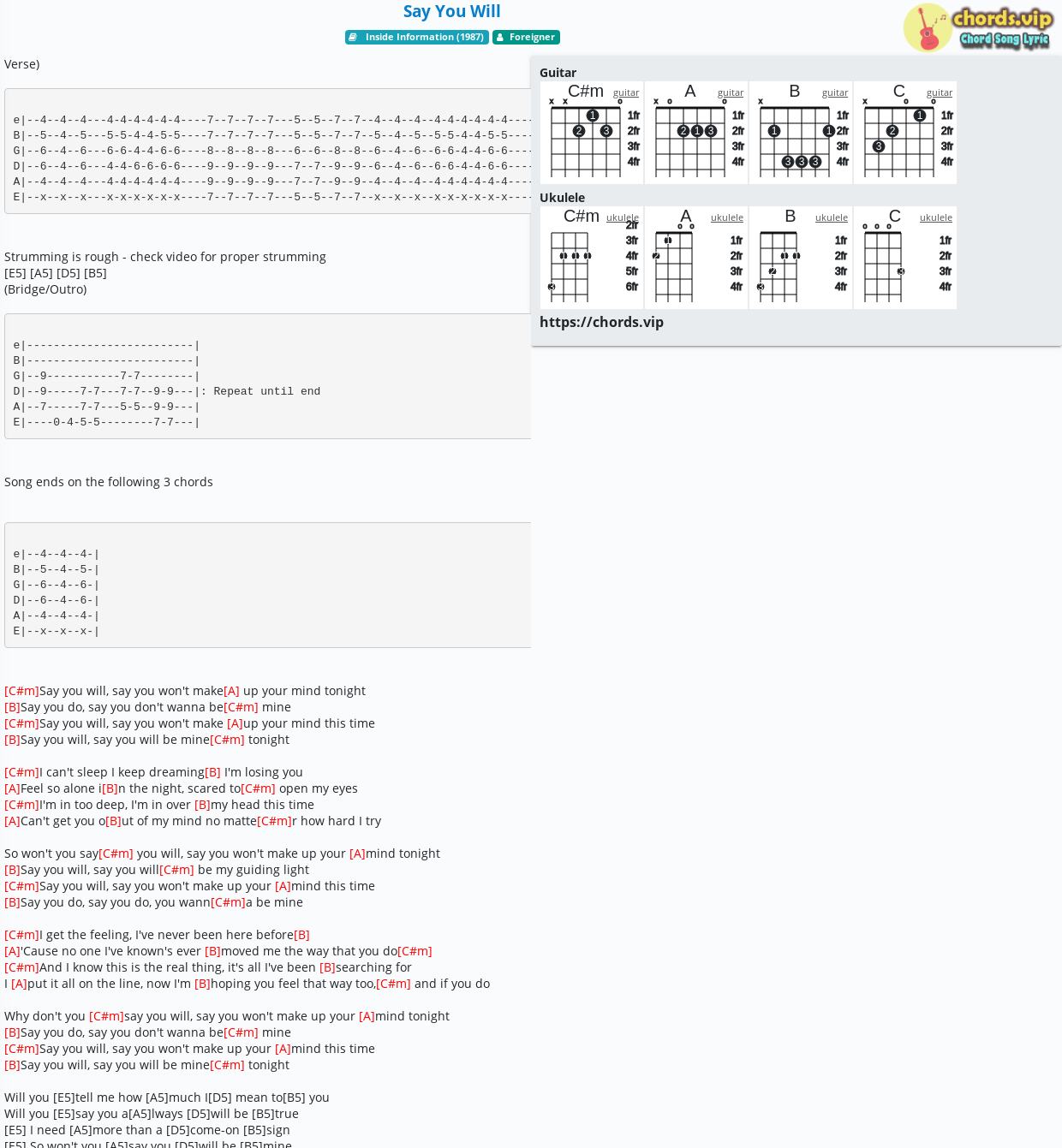Chord Say You Will Foreigner Tab Song Lyric Sheet Guitar Ukulele Chords Vip