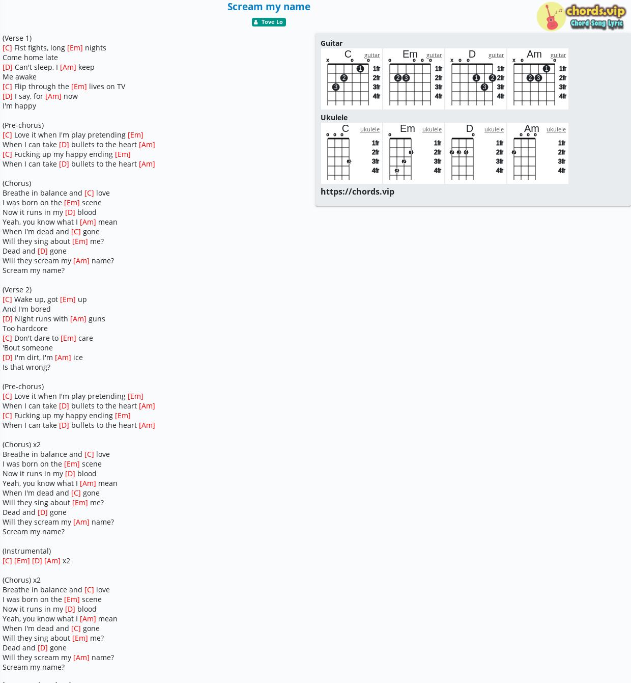Chord Scream My Name Tove Lo Tab Song Lyric Sheet Guitar Ukulele Chords Vip
