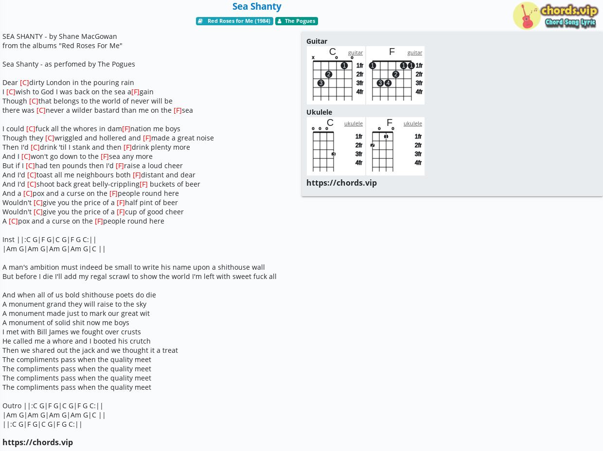 Chord: Sea Shanty - The Pogues - tab, song lyric, sheet, guitar