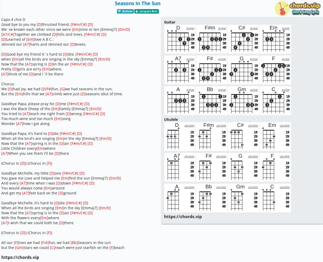 Chord Seasons In The Sun tab, song lyric, sheet, guitar, ukulele