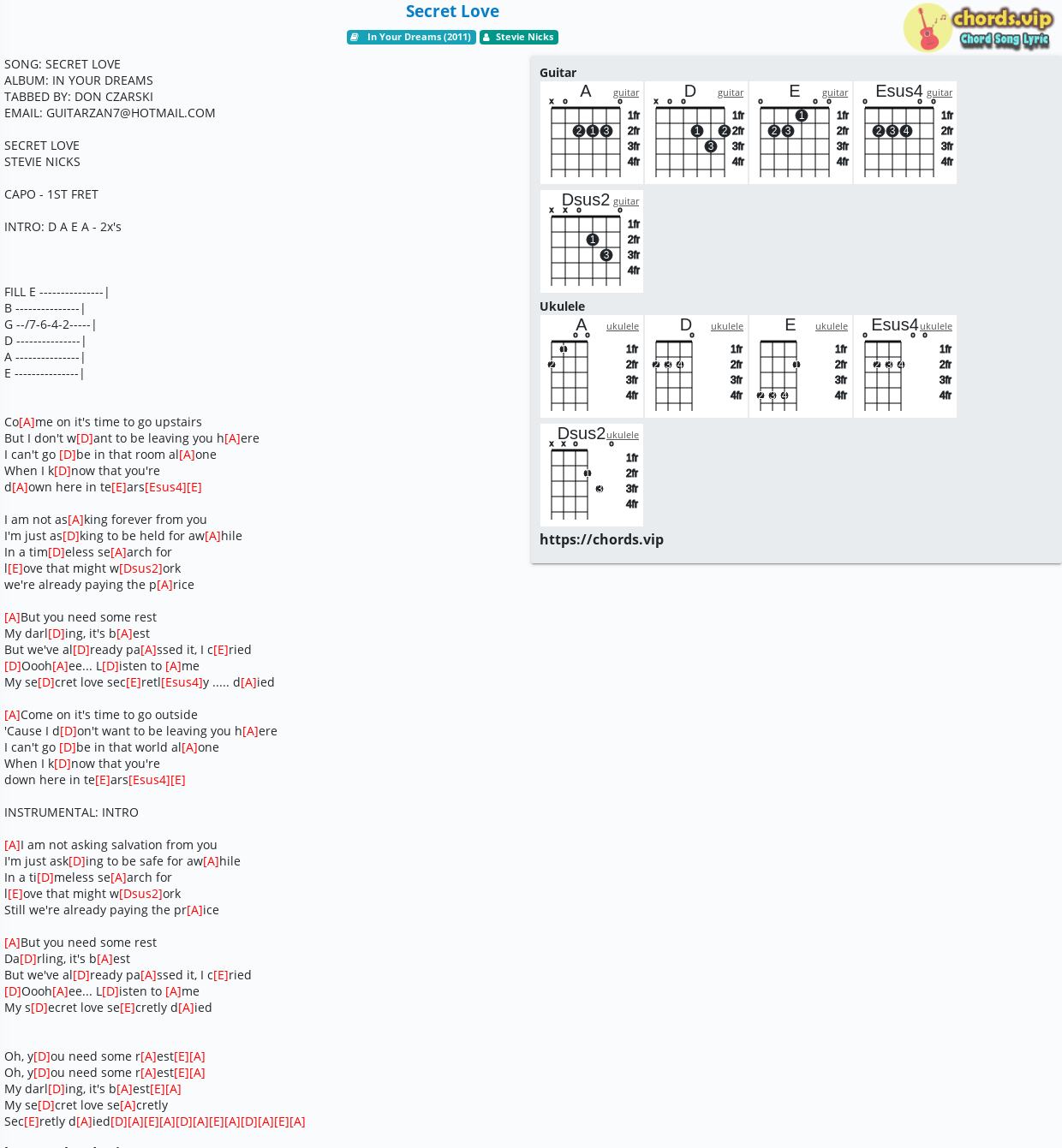 Chord Secret Love Stevie Nicks tab, song lyric, sheet, guitar