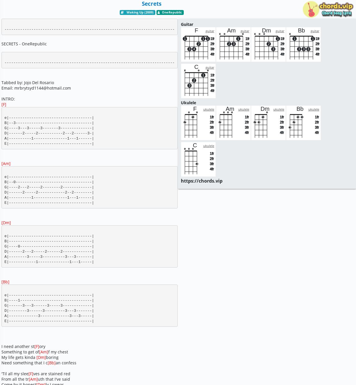 Chord Secrets Onerepublic Tab Song Lyric Sheet Guitar Ukulele Chords Vip