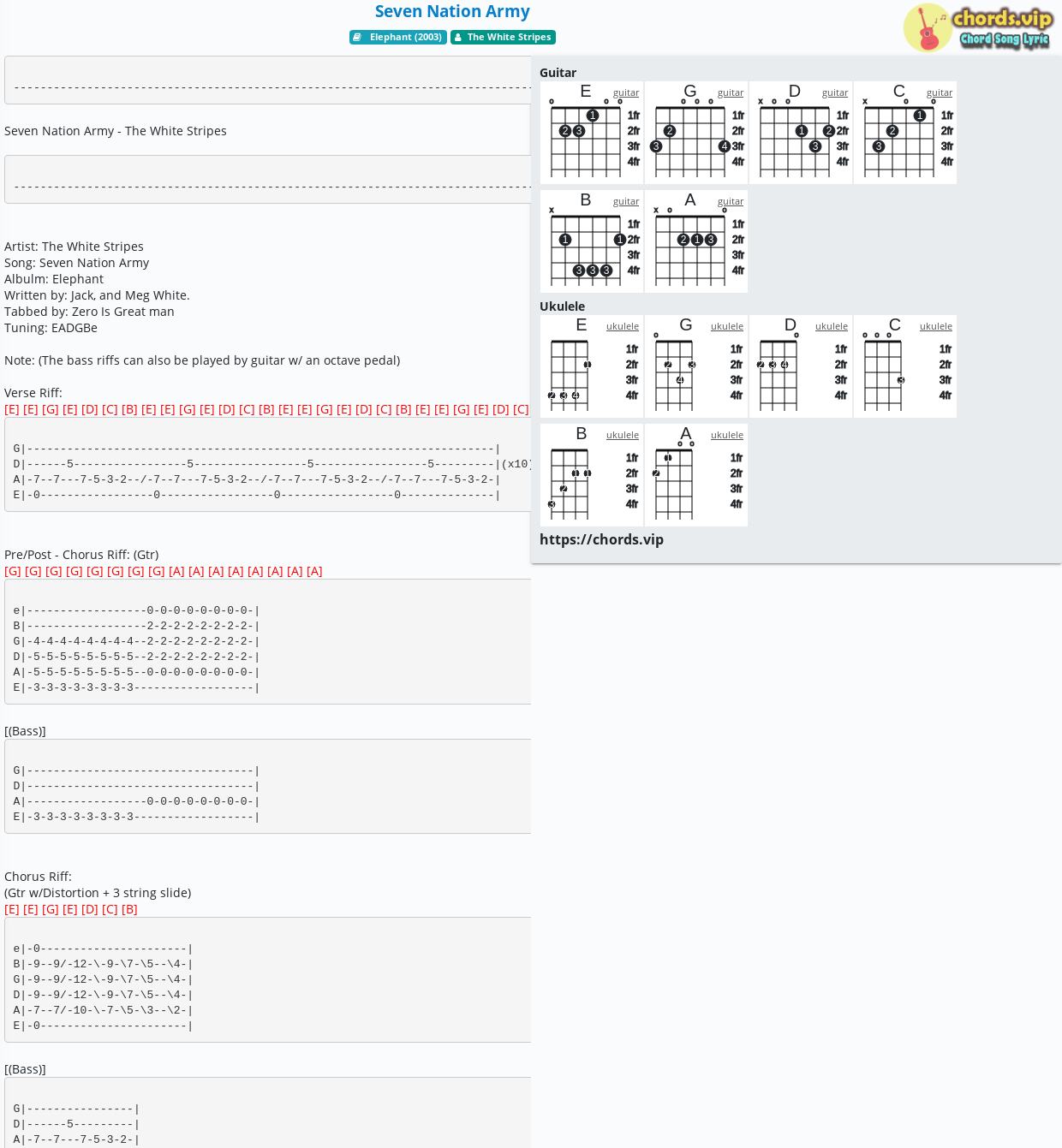 Chord: Seven Nation Army - White Stripes tab, song lyric, sheet, guitar, ukulele | chords.vip