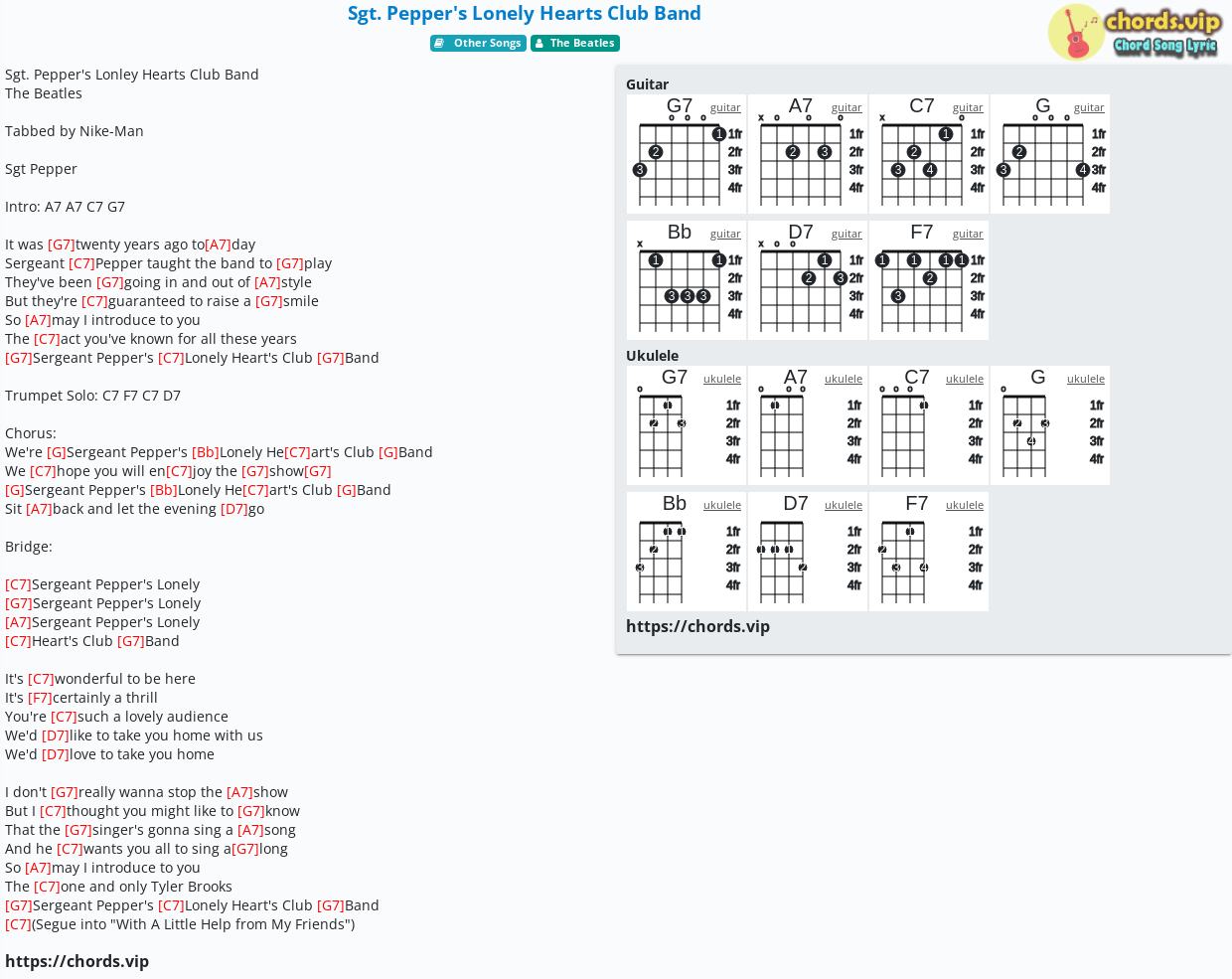 Chord: Sgt. Pepper's Lonely Hearts Club Band - The Beatles - tab, song lyric,  sheet, guitar, ukulele 