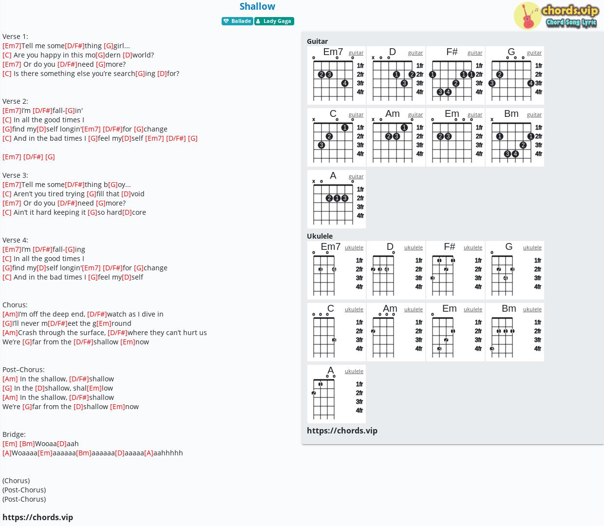 Chord: Shallow - Lady Gaga - tab, song sheet, ukulele | chords.vip