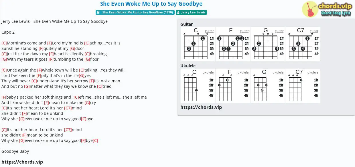 Chord She Even Woke Me Up To Say Goodbye Jerry Lee Lewis Tab Song Lyric Sheet Guitar Ukulele Chords Vip
