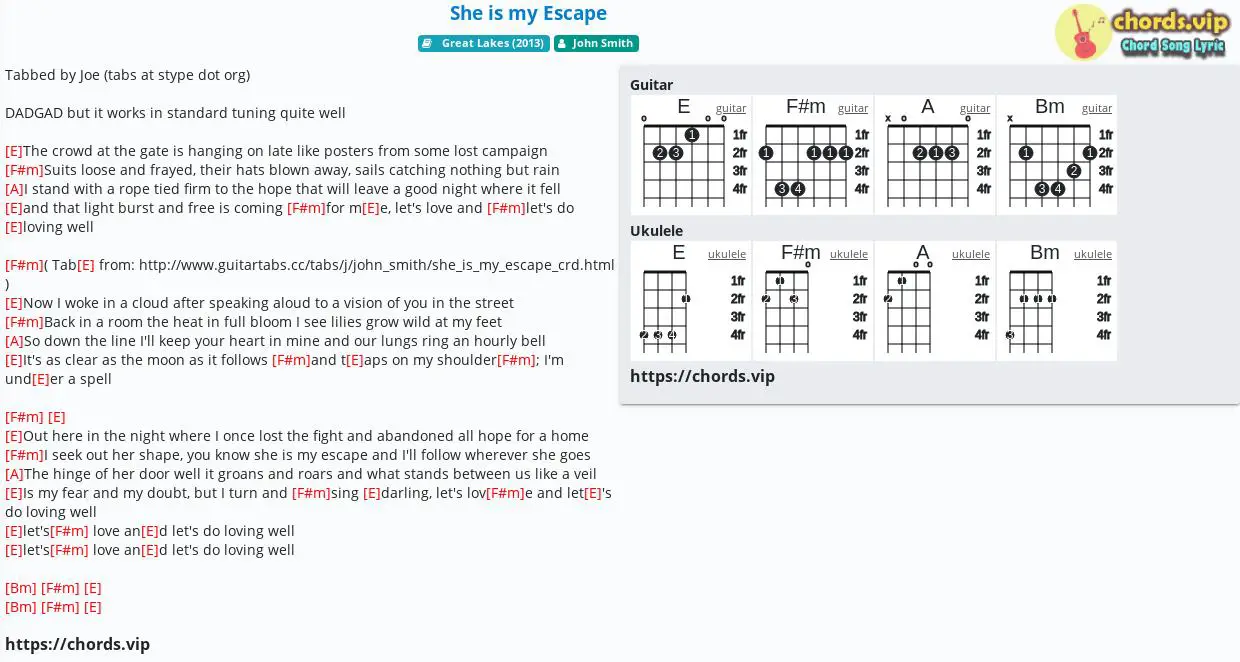 Chord She Is My Escape John Smith Tab Song Lyric Sheet Guitar Ukulele Chords Vip