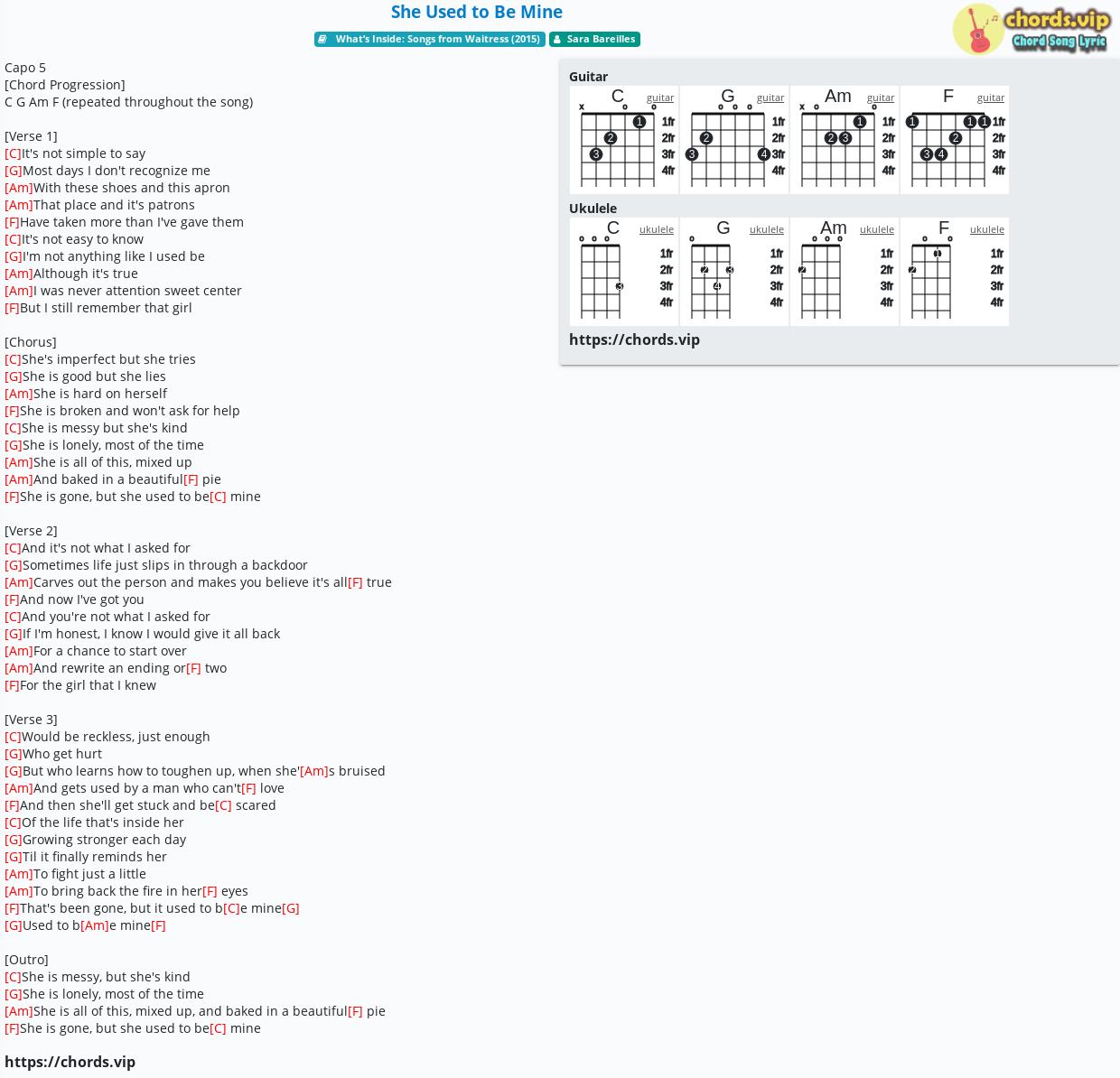 Chord She Used To Be Mine Sara Bareilles Tab Song Lyric Sheet Guitar Ukulele Chords Vip