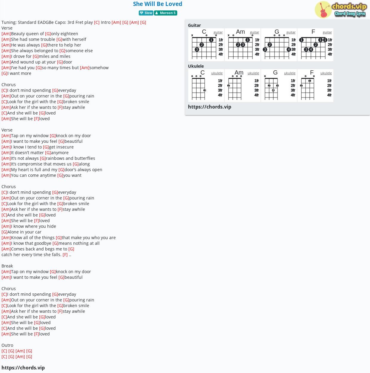 Chord: She Will Be Loved - Maroon 5,Sabrina - tab, lyric, sheet, ukulele | chords.vip