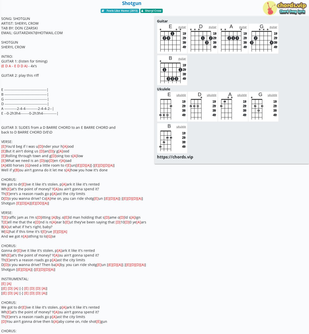 Chord Shotgun Sheryl Crow Tab Song Lyric Sheet Guitar Ukulele Chords Vip