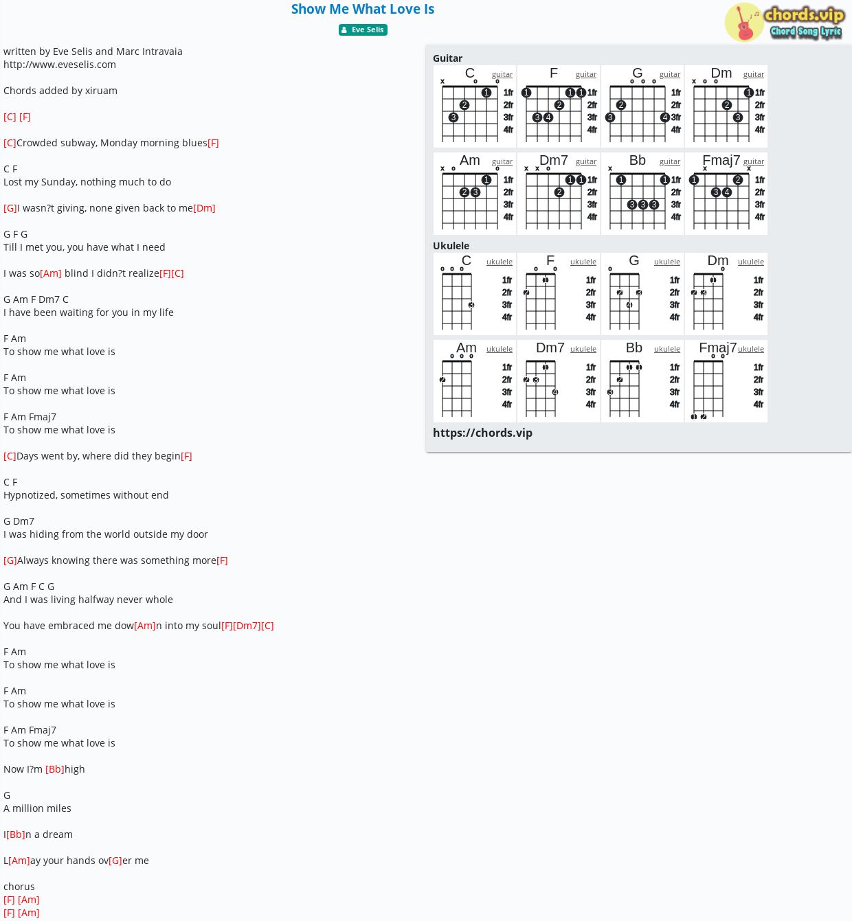 Chord show me what love is eve selis tab song lyric sheet