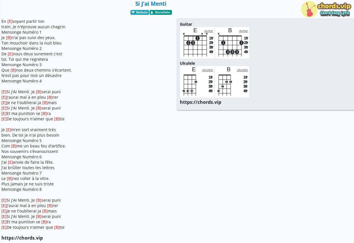 Chord Si J Ai Menti Dorothee Tab Song Lyric Sheet Guitar Ukulele Chords Vip