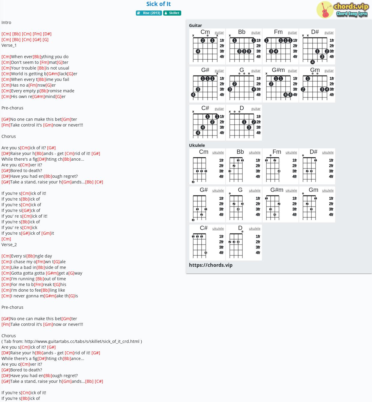 Chord Sick of It Skillet tab, song lyric, sheet, guitar, ukulele