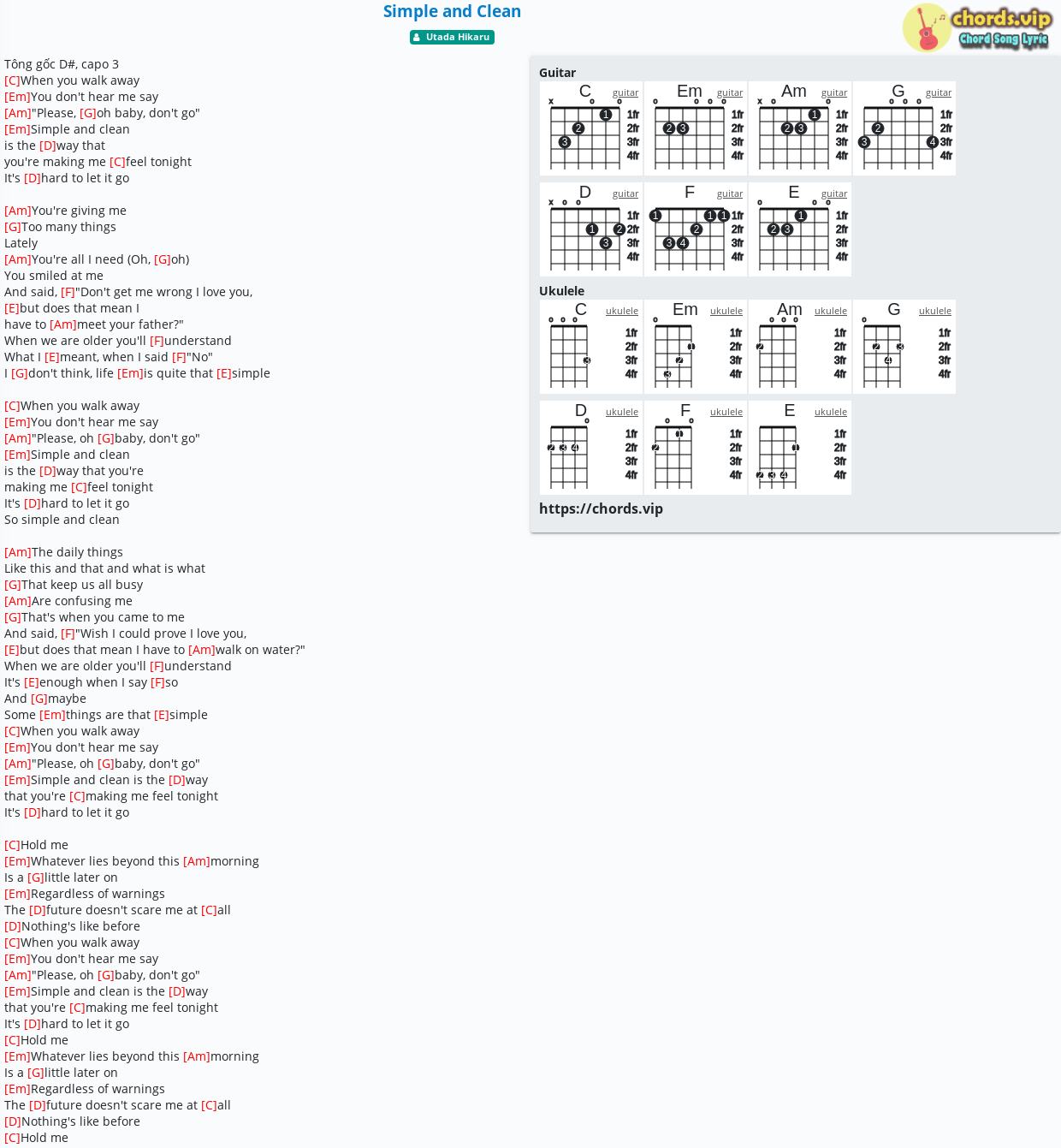 Chord Simple And Clean Utada Hikaru Tab Song Lyric Sheet Guitar Ukulele Chords Vip