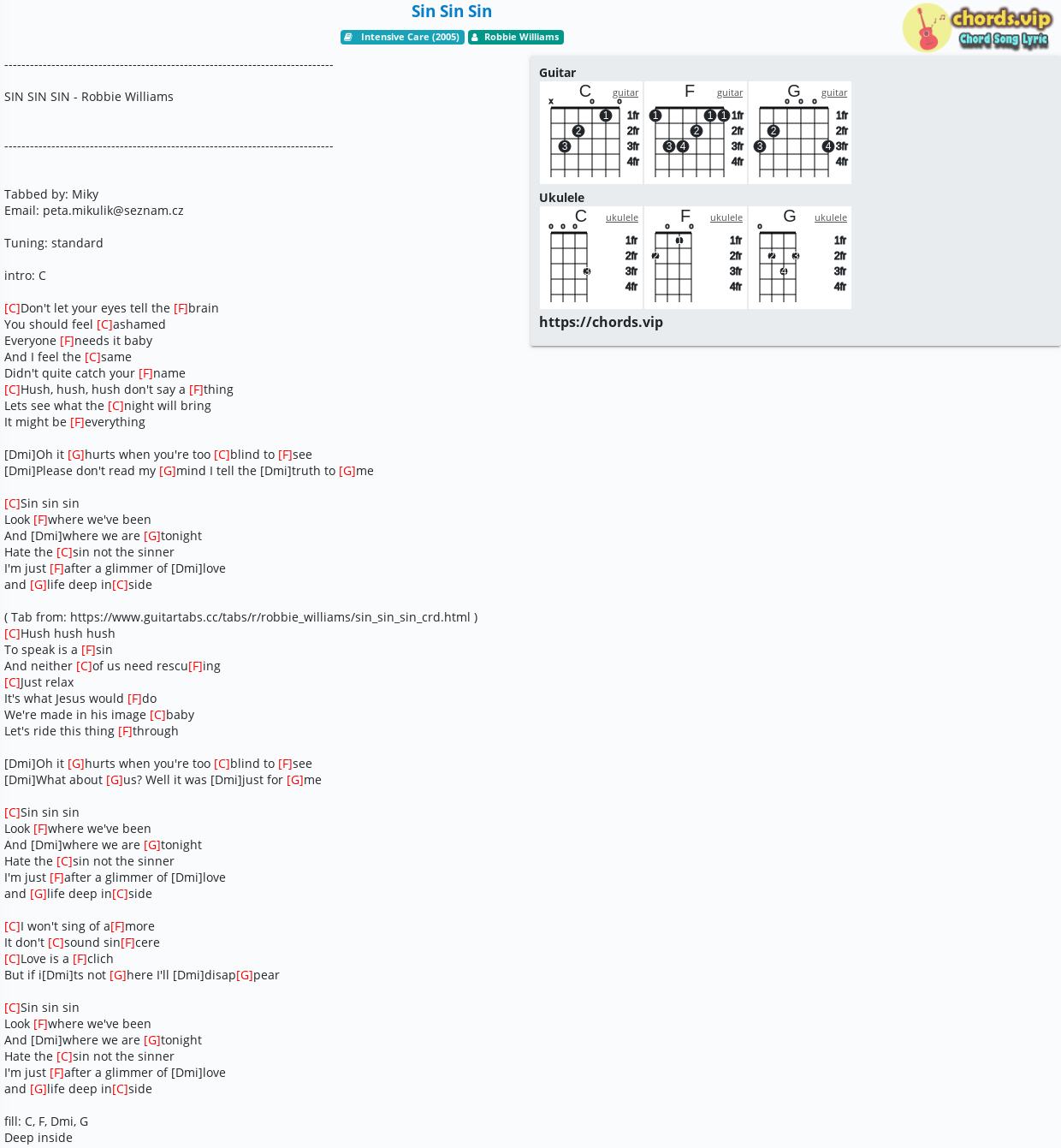 Chord Sin Sin Sin Robbie Williams Tab Song Lyric Sheet Guitar Ukulele Chords Vip