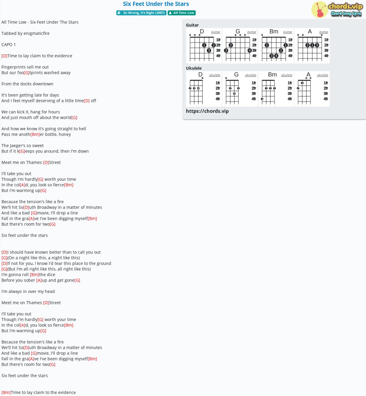 Six Feet Under the - All Time Low - tab, song lyric, sheet, guitar, ukulele | chords.vip