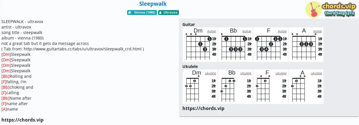 Pounding USA Derive Chord: Sleepwalk - Ultravox - tab, song lyric, sheet, guitar, ukulele |  chords.vip