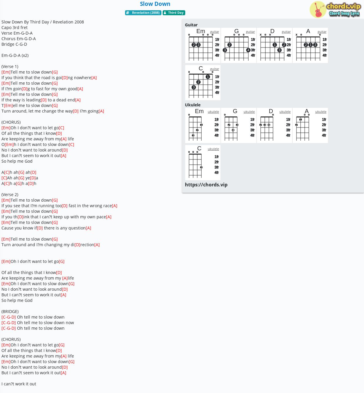 Chord Slow Down Third Day Tab Song Lyric Sheet Guitar Ukulele Chords Vip