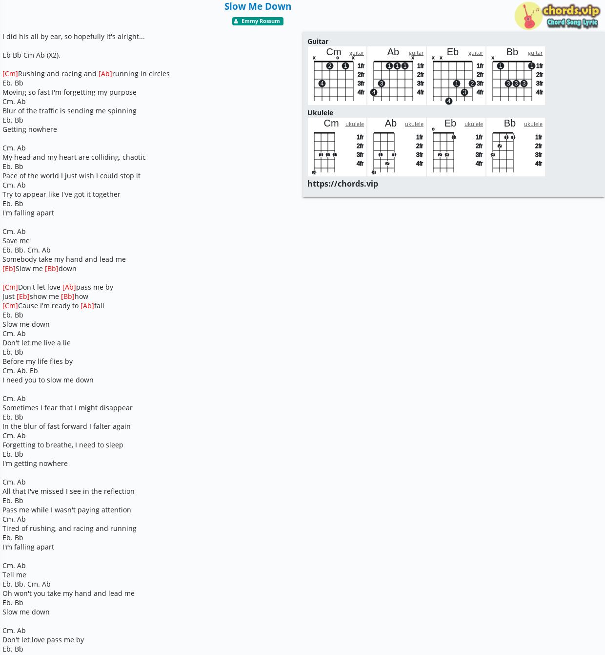 Chord Slow Me Down Emmy Rossum Tab Song Lyric Sheet Guitar Ukulele Chords Vip