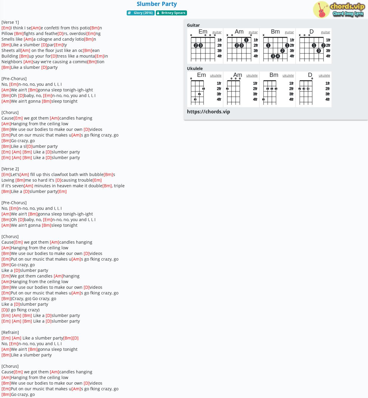 Chord Slumber Party Britney Spears Tab Song Lyric Sheet Guitar Ukulele Chords Vip