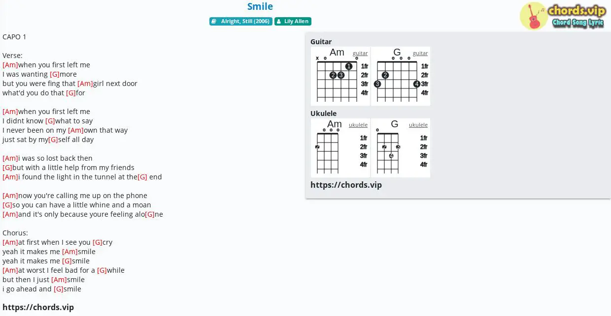 Chord Smile Lily Allen Tab Song Lyric Sheet Guitar Ukulele Chords Vip