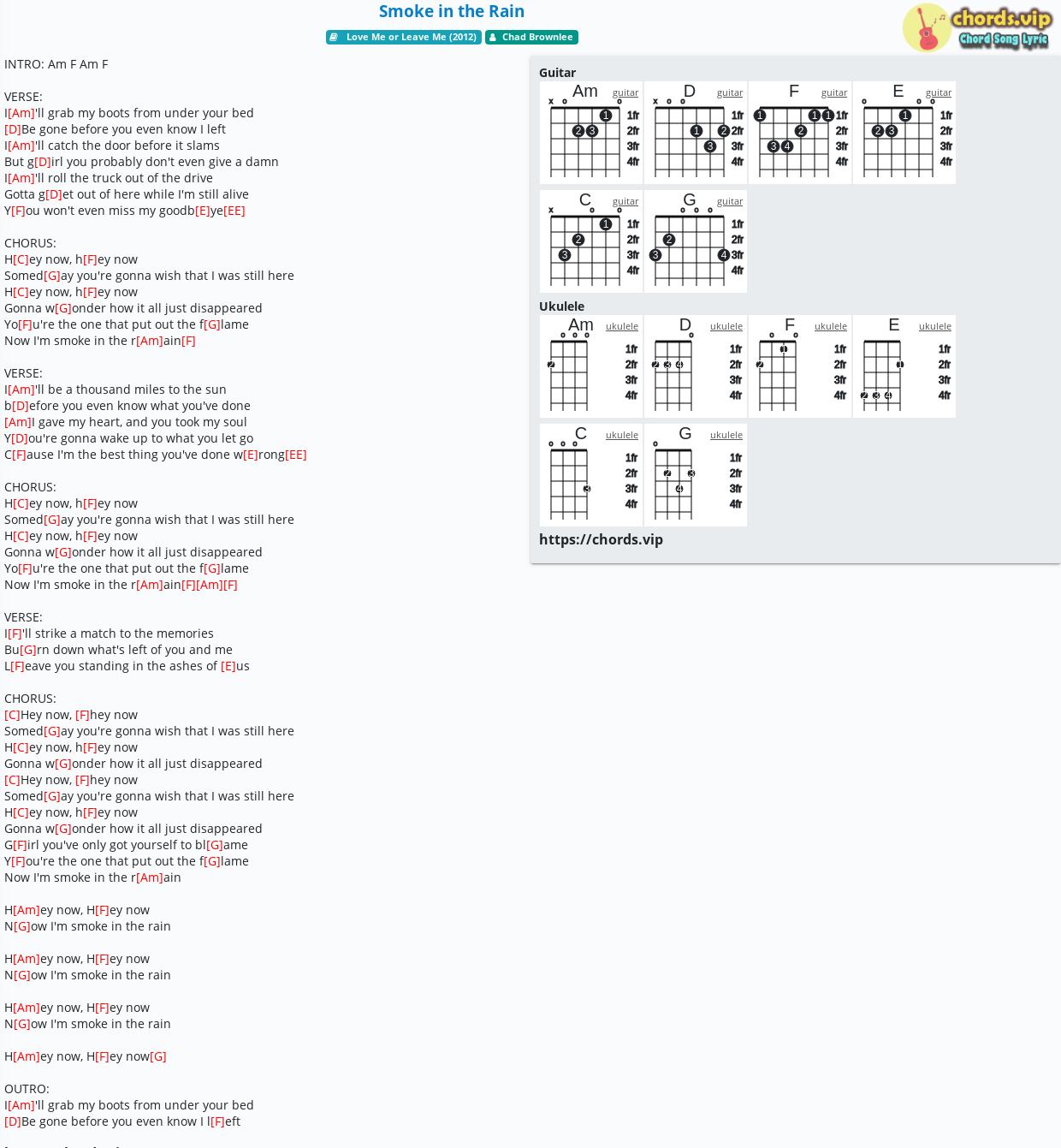 Chord Smoke In The Rain Chad Brownlee Tab Song Lyric Sheet Guitar Ukulele Chords Vip