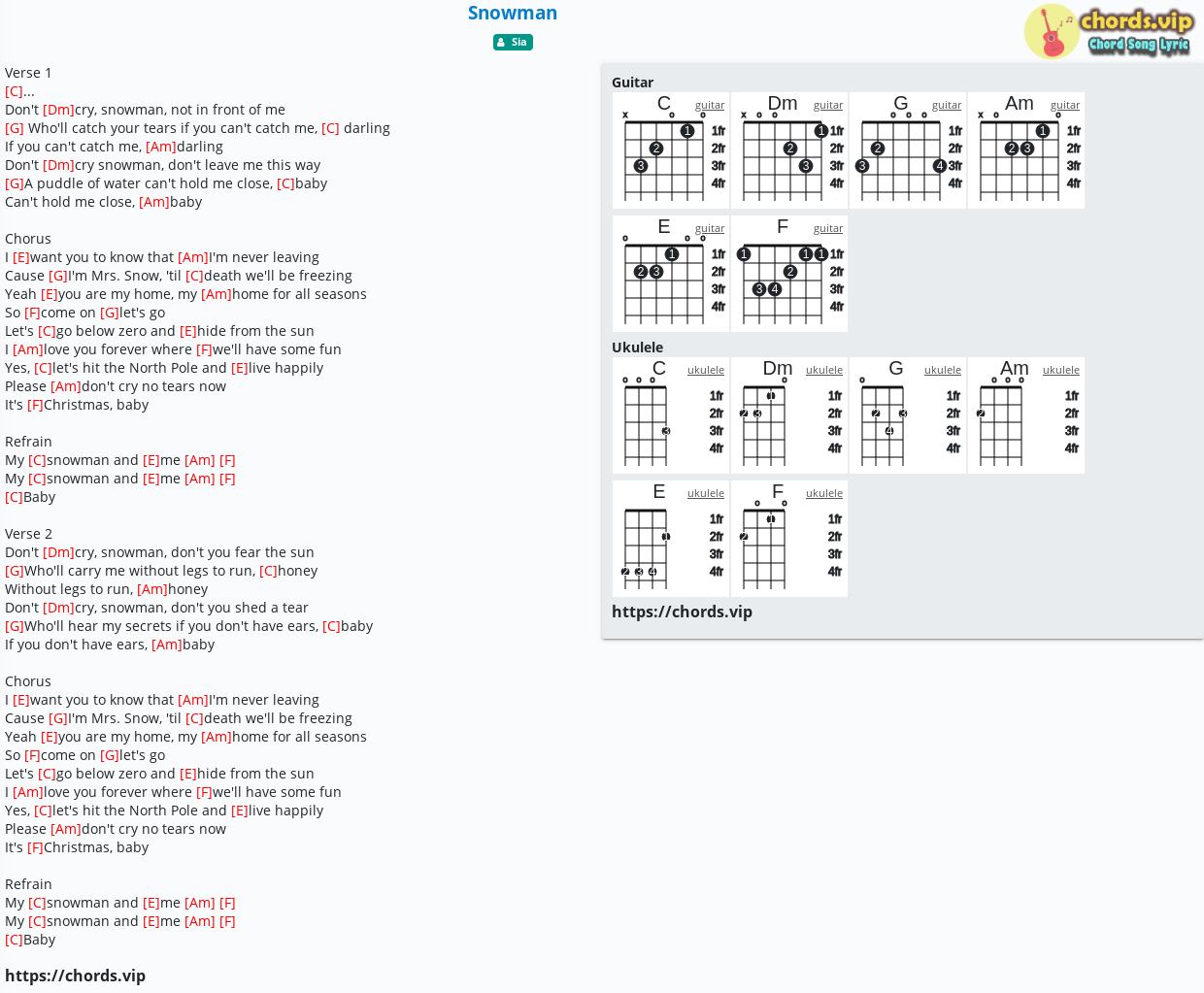 Chord: Snowman - Sia - tab, song lyric, sheet, guitar ...