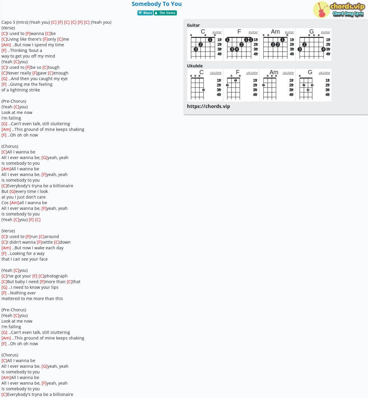 Chord Somebody To You The Vams Tab Song Lyric Sheet Guitar Ukulele Chords Vip