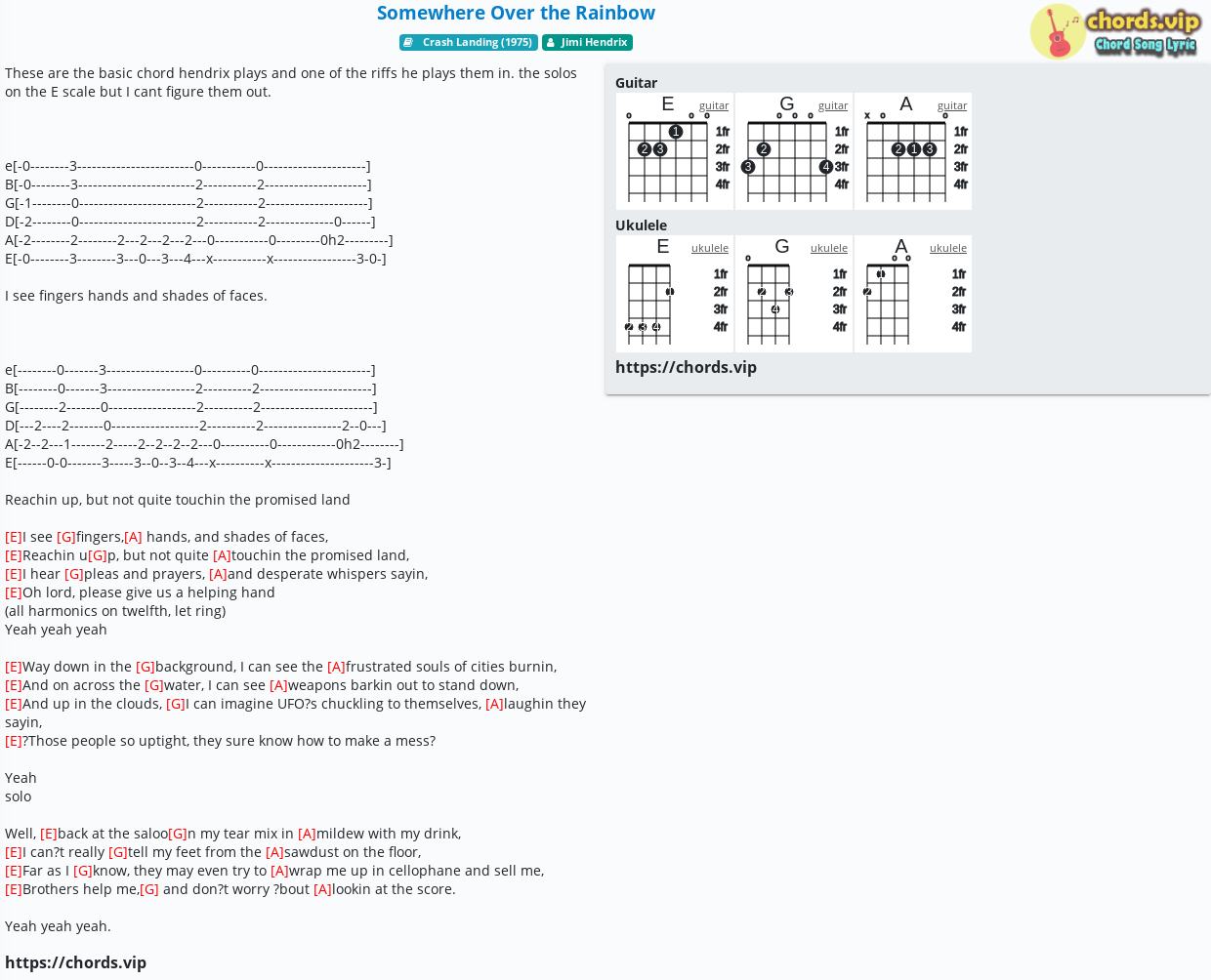 Chord Somewhere Over The Rainbow Jimi Hendrix Tab Song Lyric Sheet Guitar Ukulele Chords Vip