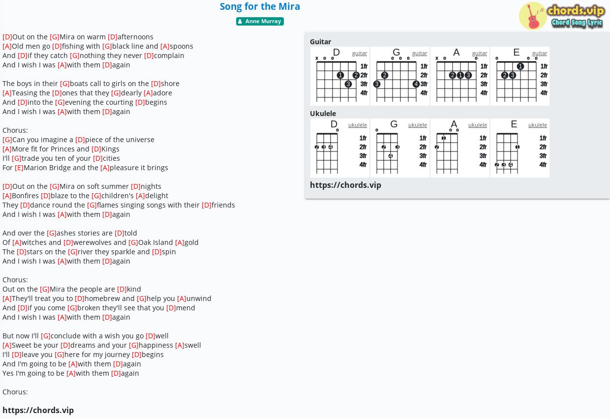 Chord Song For The Mira Anne Murray Tab Song Lyric Sheet Guitar Ukulele Chords Vip