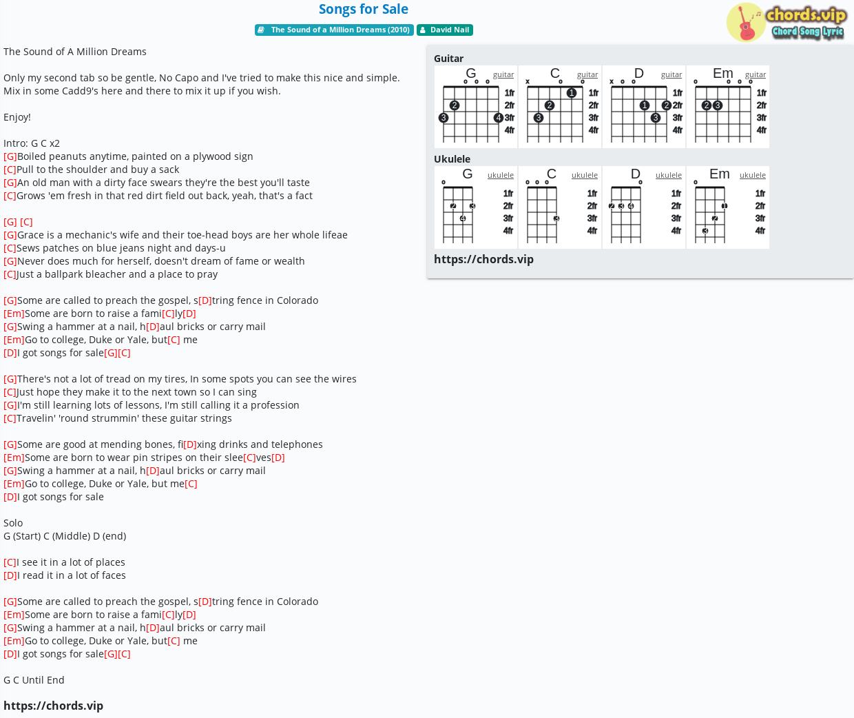 Chord Songs For Sale David Nail Tab Song Lyric Sheet Guitar Ukulele Chords Vip