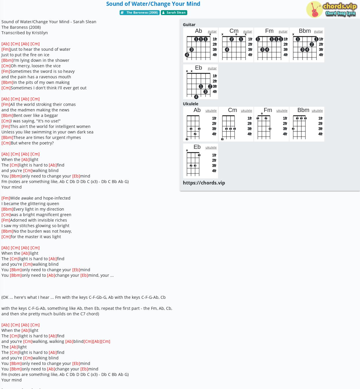 Chord Sound Of Water Change Your Mind Sarah Slean Tab Song Lyric Sheet Guitar Ukulele Chords Vip