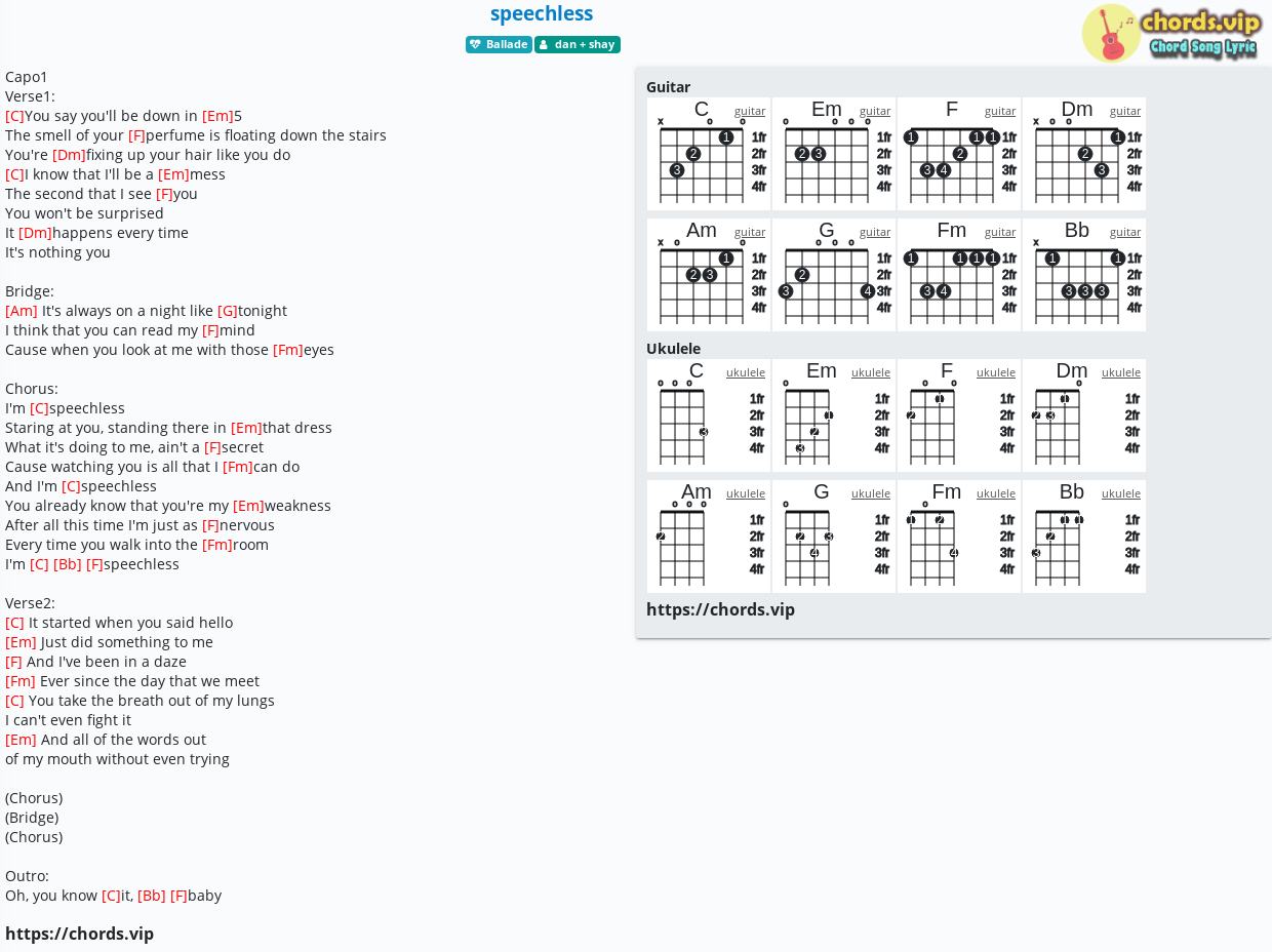 Chord speechless tab, song lyric, sheet, guitar, ukulele chords.vip