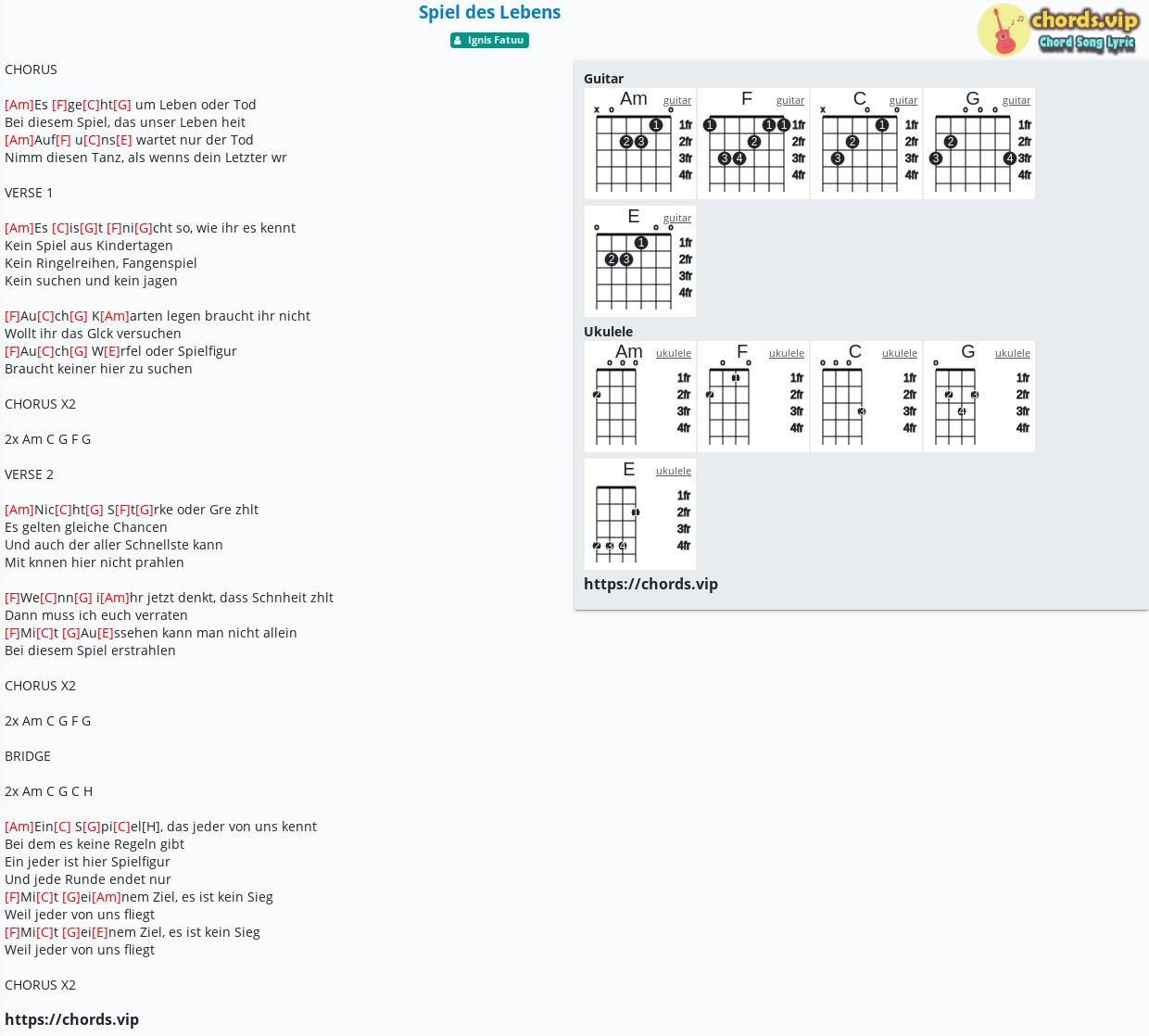 Chord Spiel Des Lebens Ignis Fatuu Tab Song Lyric Sheet Guitar Ukulele Chords Vip