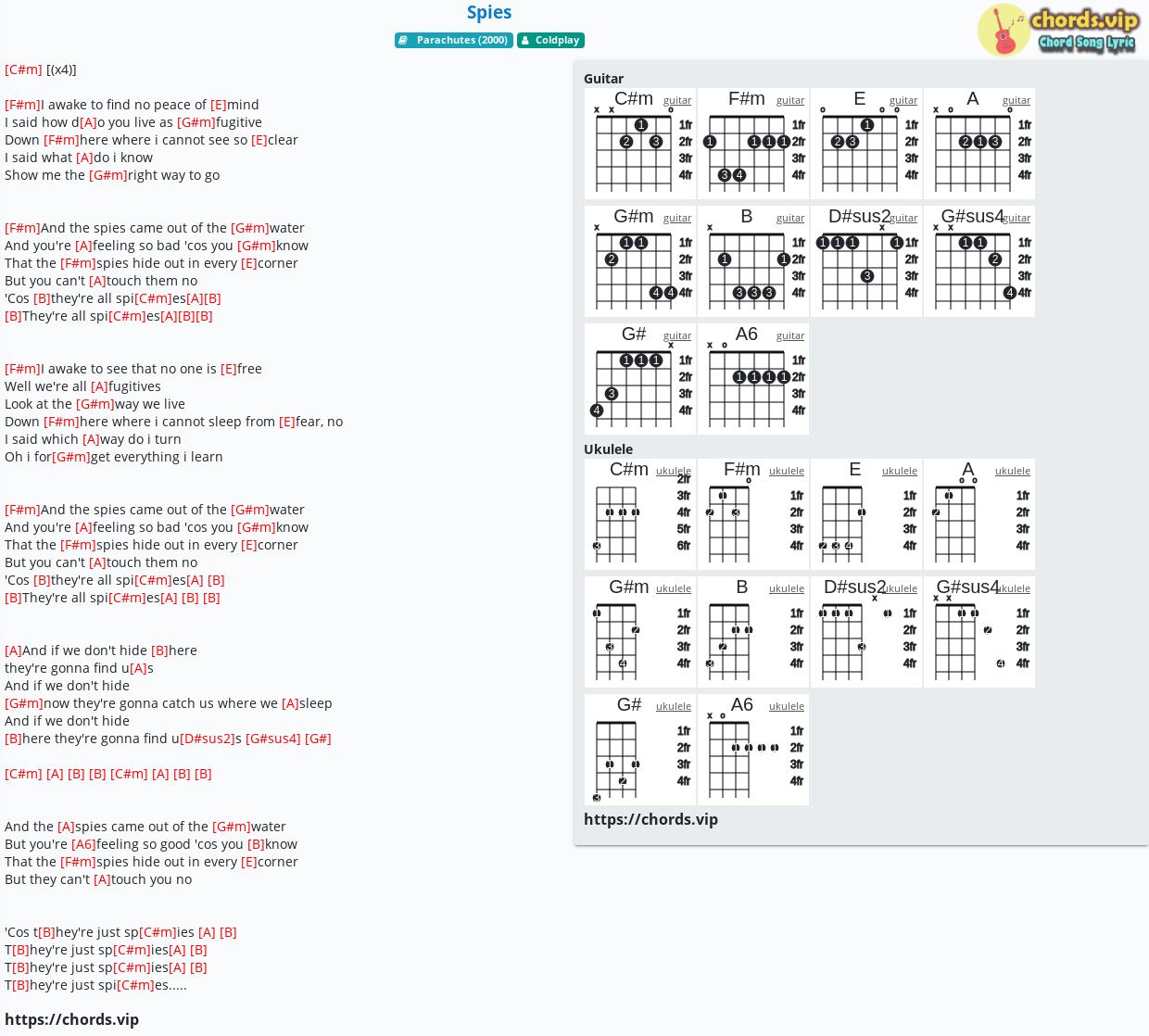 Chord Spies Coldplay Tab Song Lyric Sheet Guitar Ukulele Chords Vip