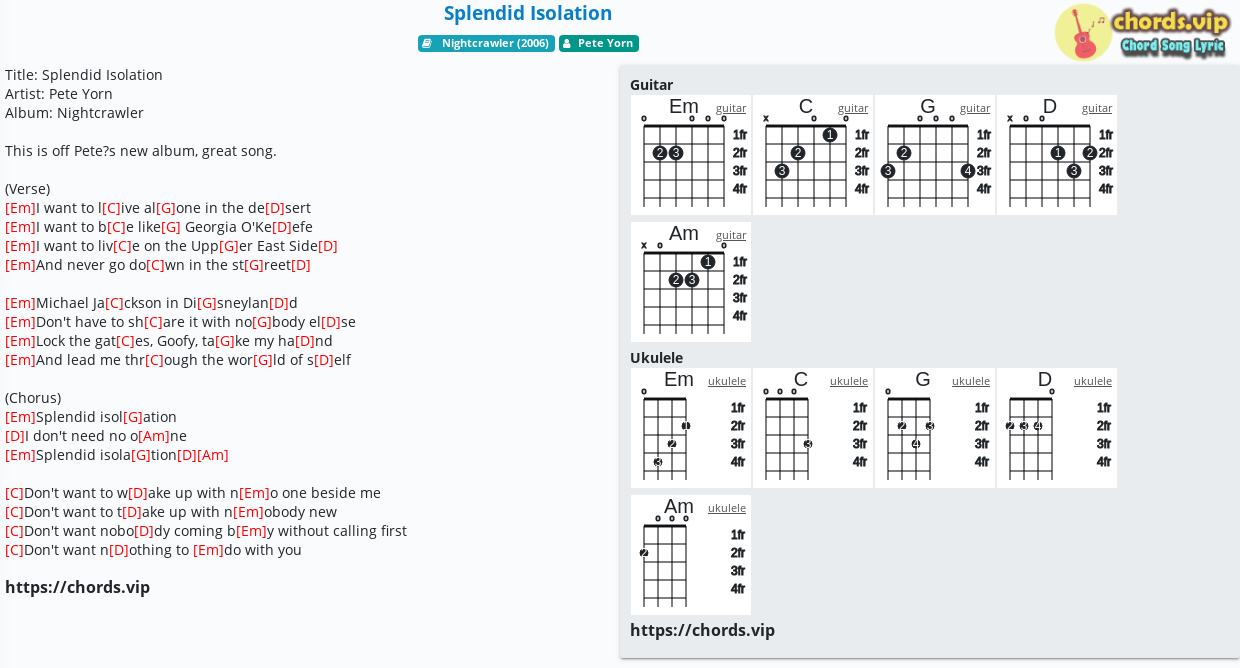 Chord Splendid Isolation Pete Yorn Tab Song Lyric Sheet Guitar Ukulele Chords Vip