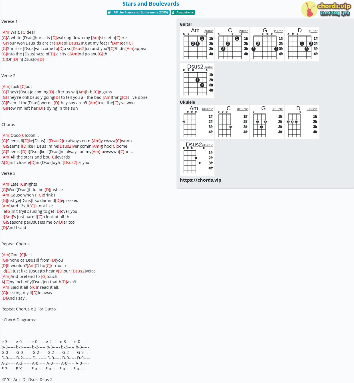 Chord Stars And Boulevards Augustana Tab Song Lyric Sheet Guitar Ukulele Chords Vip