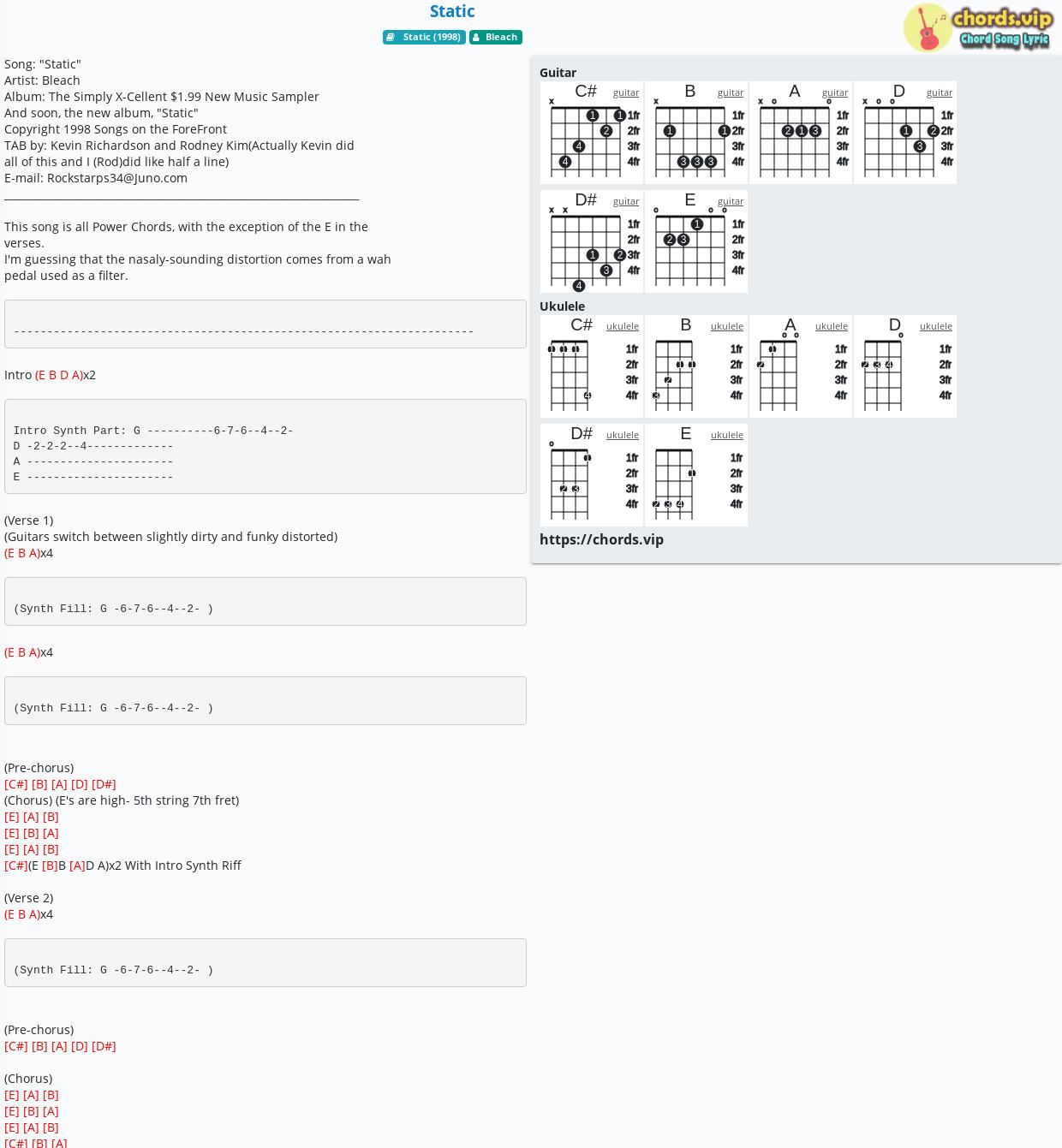 Chord Static Bleach Tab Song Lyric Sheet Guitar Ukulele Chords Vip