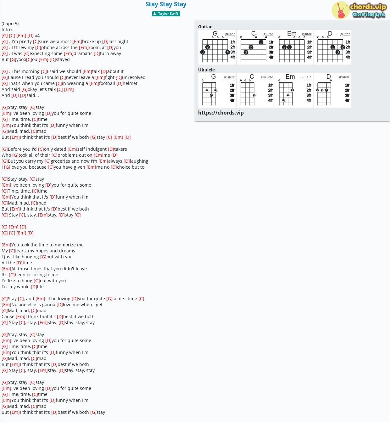 Chord Stay Stay Stay Taylor Swift Tab Song Lyric Sheet Guitar Ukulele Chords Vip