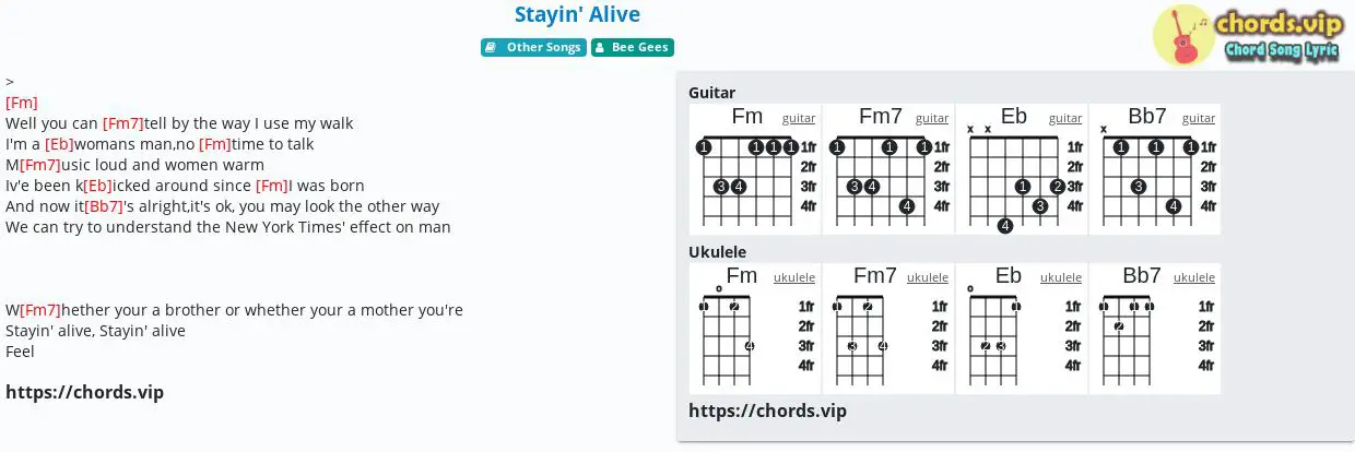 Chord Stayin Alive Bee Gees Tab Song Lyric Sheet Guitar Ukulele Chords Vip