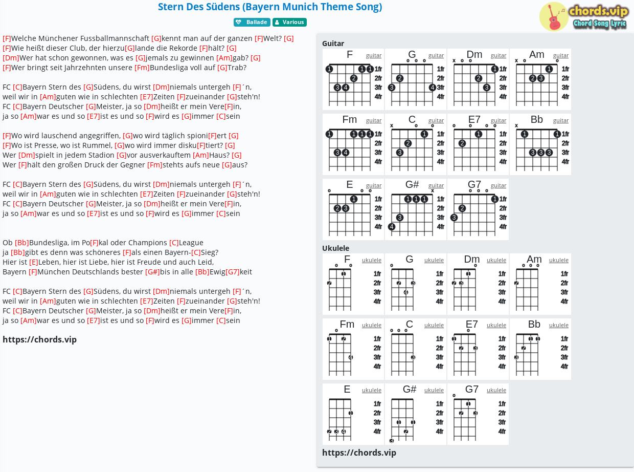 Chord Stern Des Sudens Bayern Munich Theme Song Various Tab Song Lyric Sheet Guitar Ukulele Chords Vip