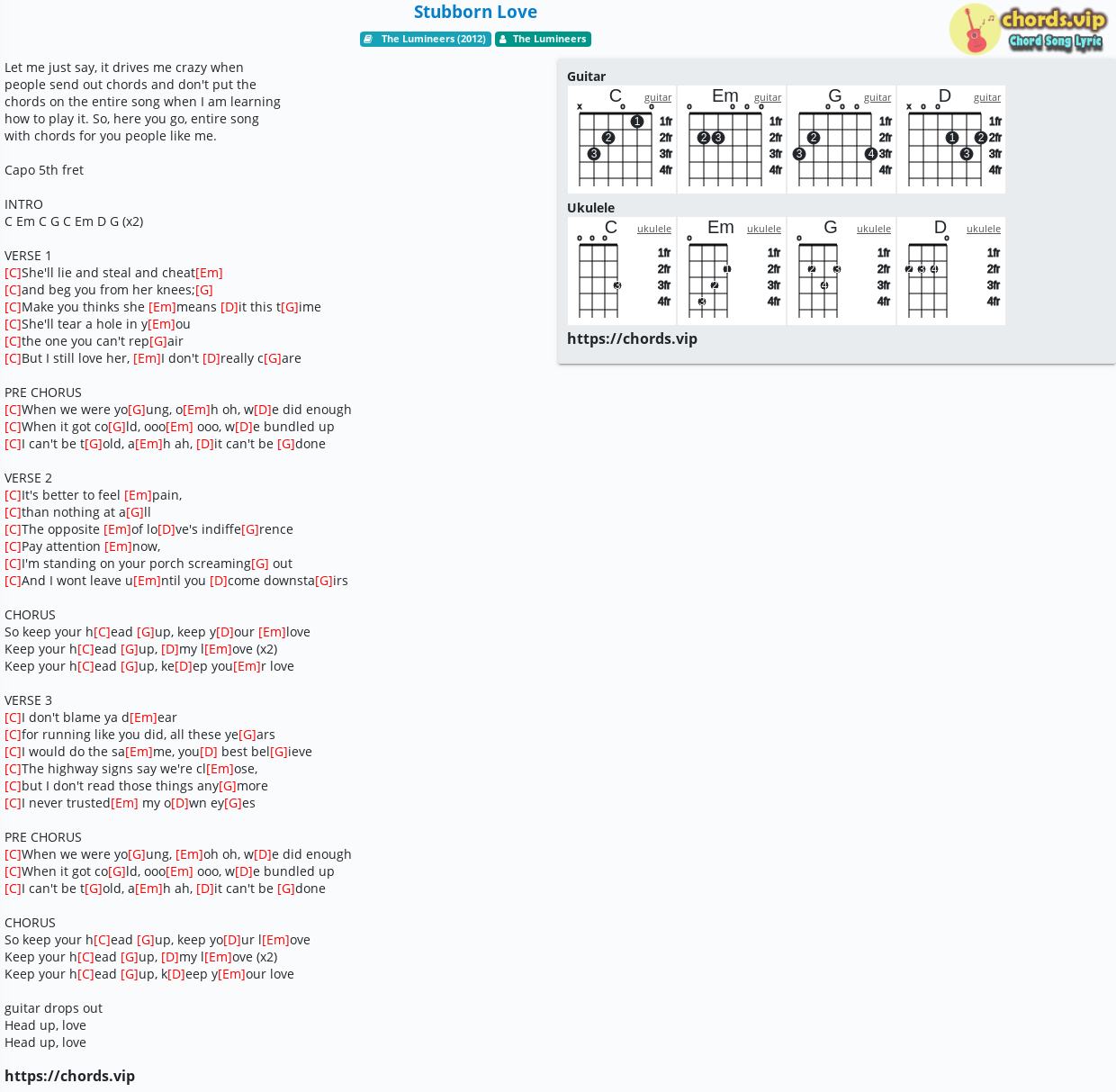 Chord: Stubborn Love - The Lumineers - tab, song lyric, sheet, guitar